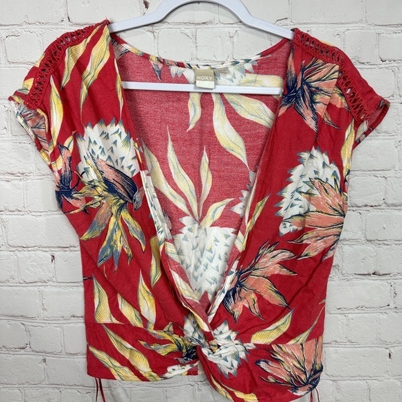 Roxy Women's floral print twist front deep‎ plunge V-neck crop top blouse, sz S - Picture 1 of 8